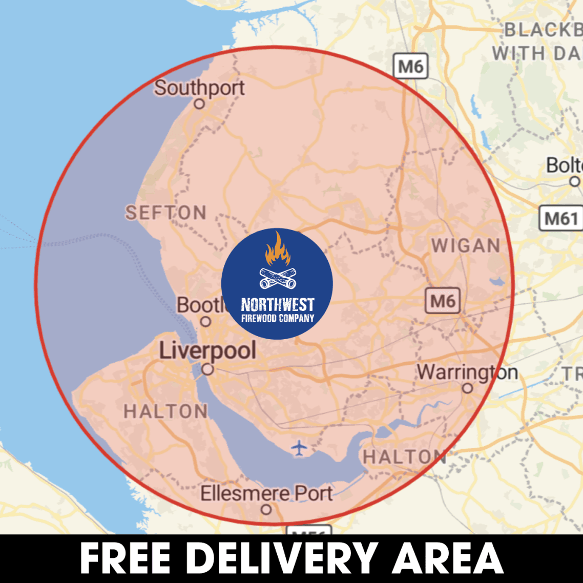 Map of Northwest Firewood Company's free delivery area covering Merseyside, West Lancashire and the Wirral